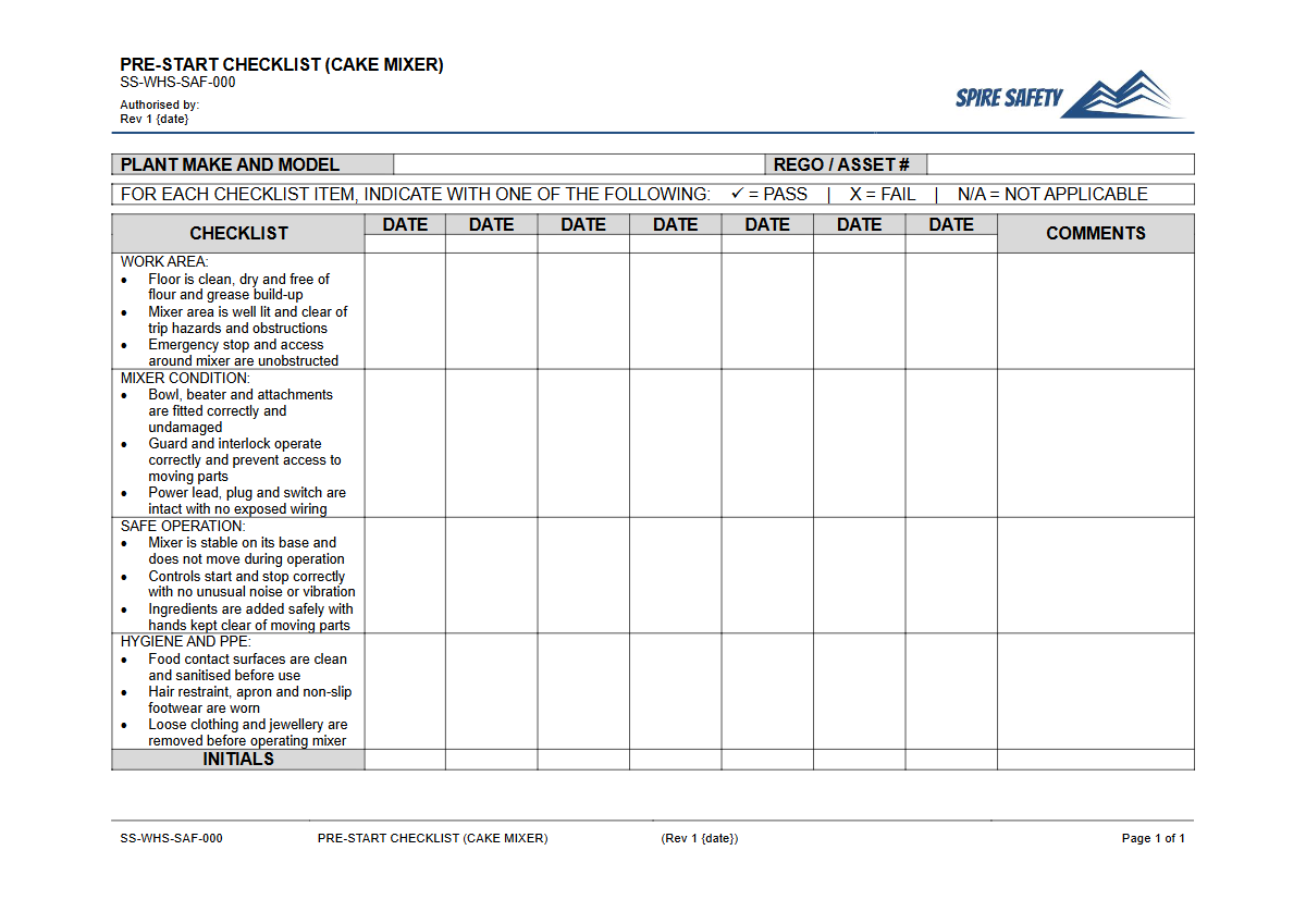 Free Pre-Start Checklist (Cake Mixer) Template — document preview