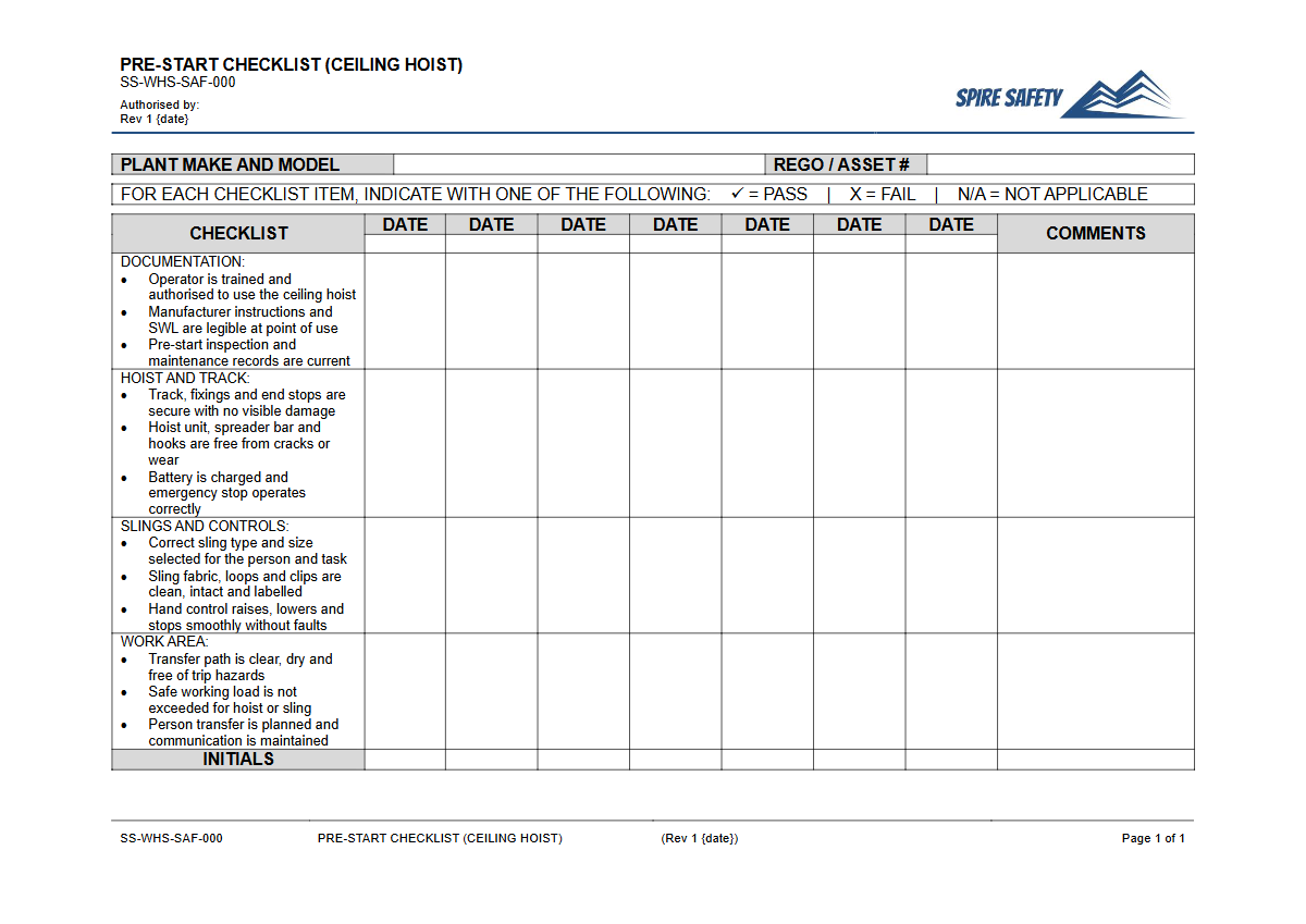 Free Pre-Start Checklist (Ceiling Hoist) Template — document preview