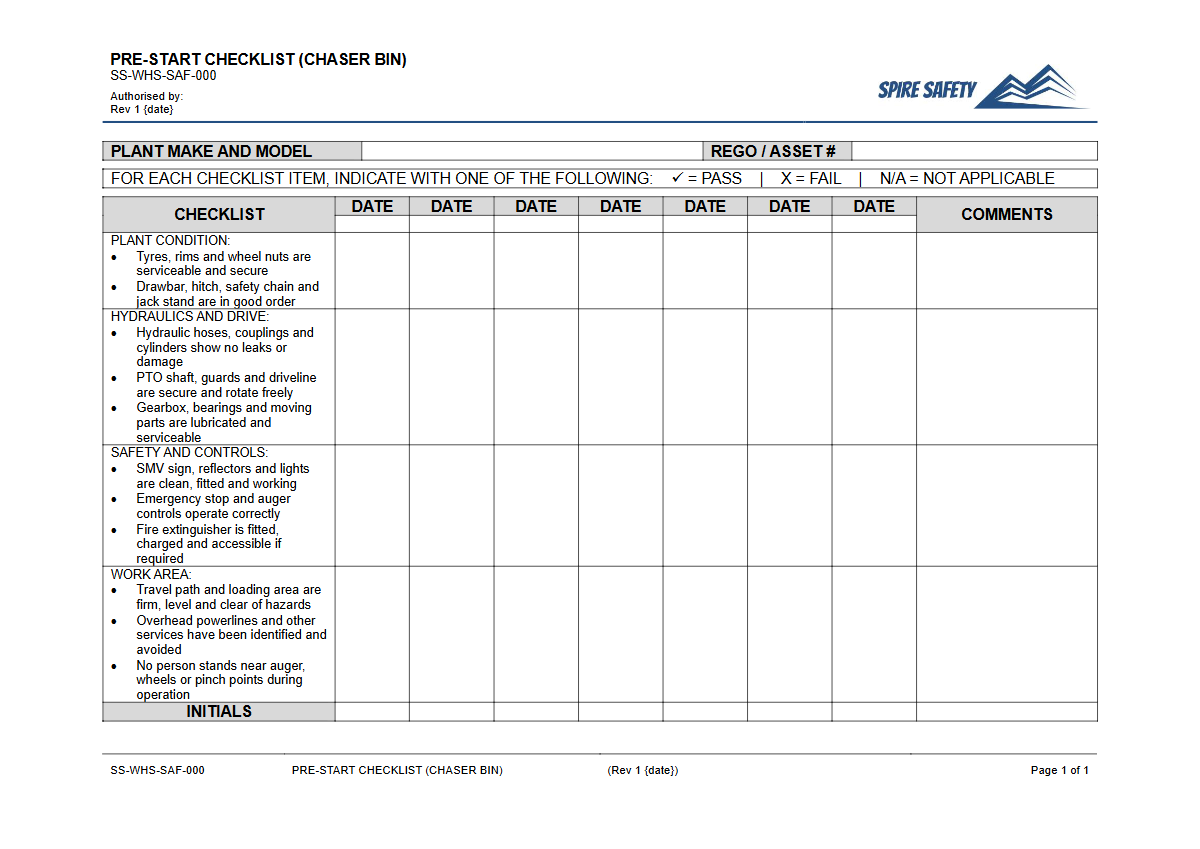 Free Pre-Start Checklist (Chaser Bin) Template — document preview