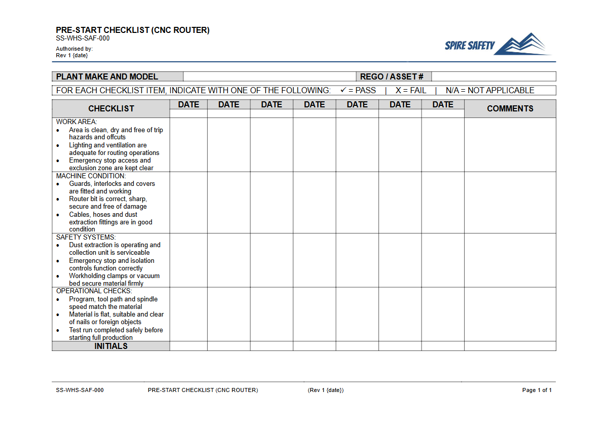 Free Pre-Start Checklist (CNC Router) Template
