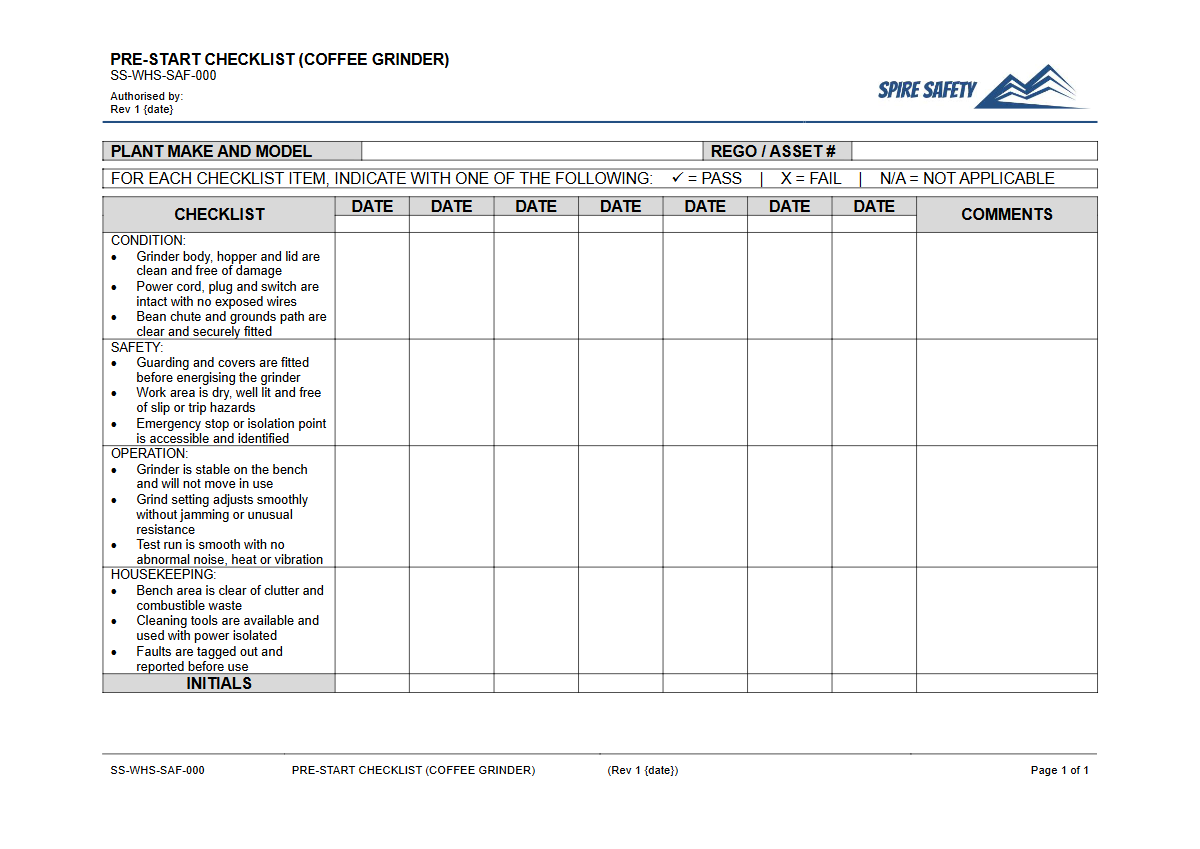 Free Pre-Start Checklist (Coffee Grinder) Template