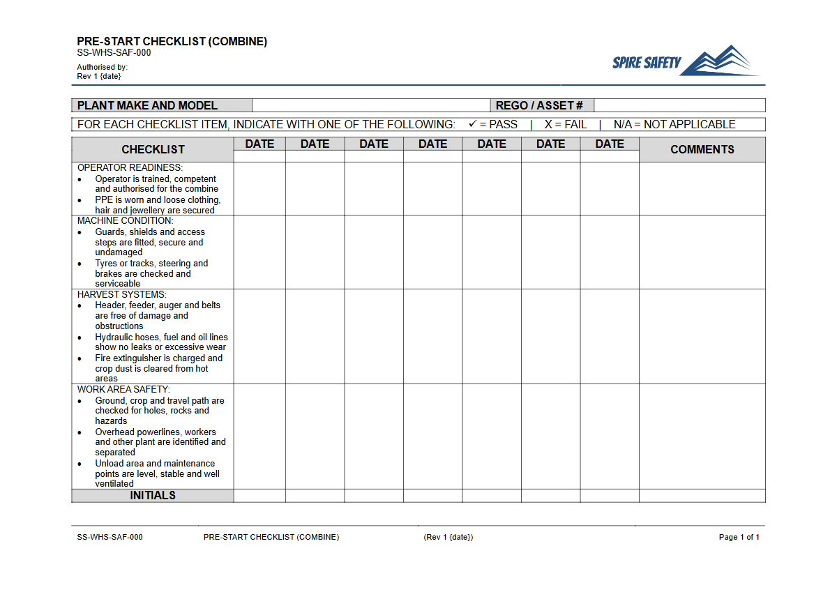 Free Pre-Start Checklist (Combine) Template — document preview