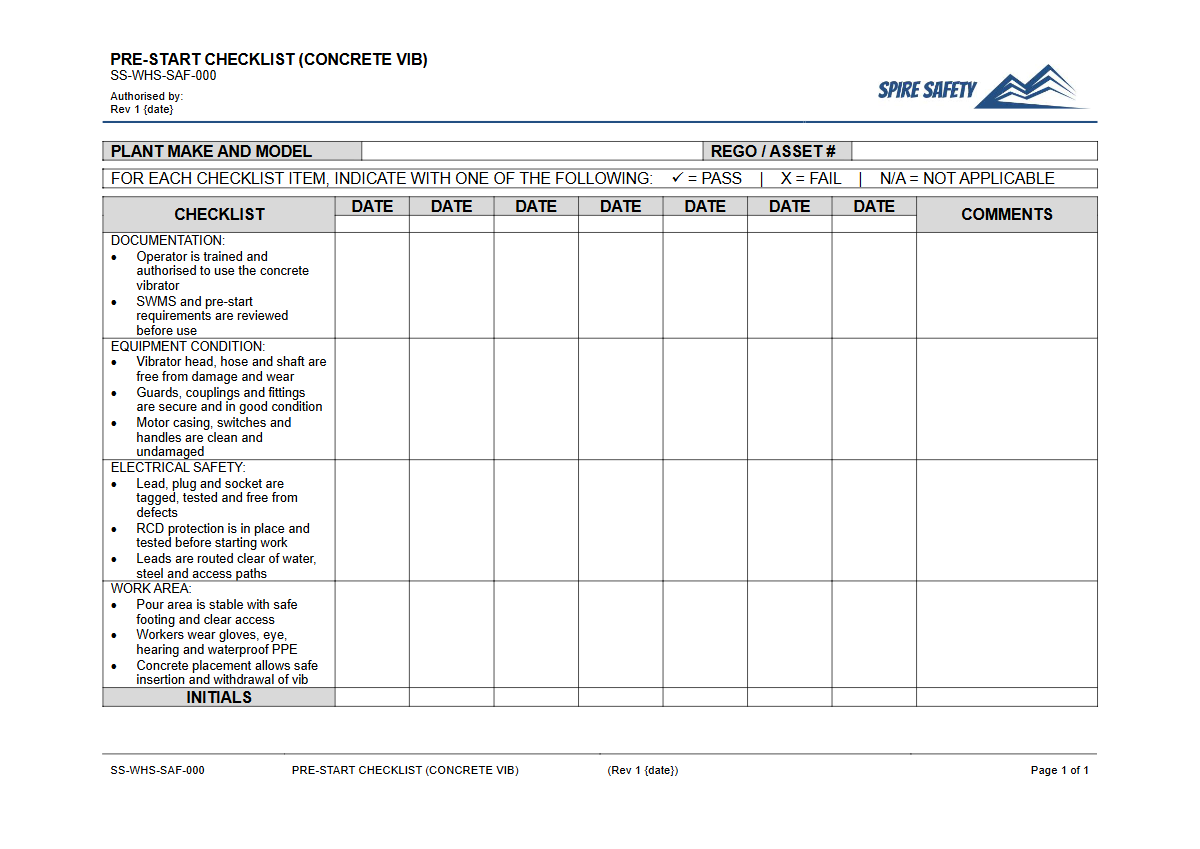 Free Pre-Start Checklist (Concrete Vib) Template — document preview