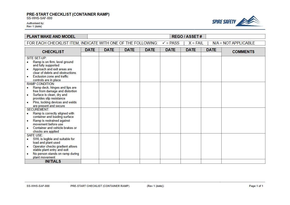 Free Pre-Start Checklist (Container Ramp) Template — document preview