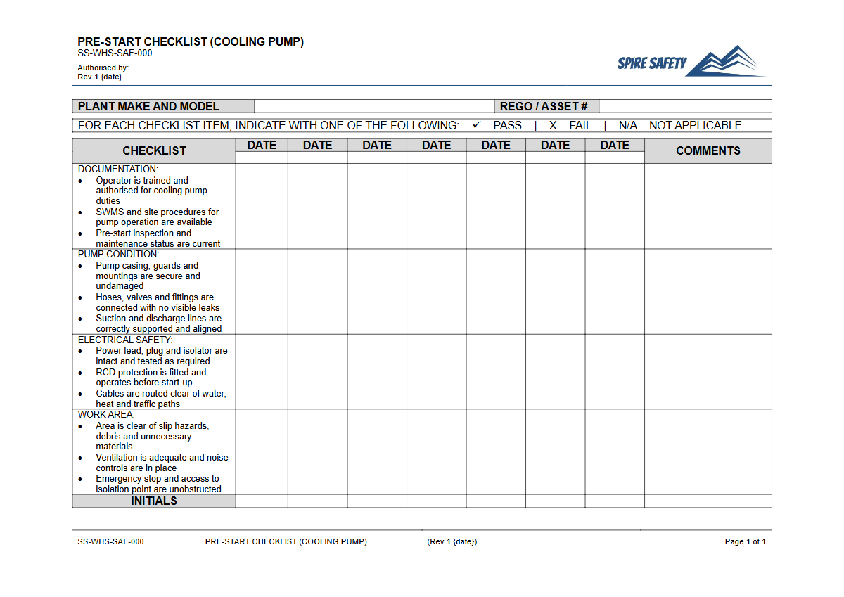 Free Pre-Start Checklist (Cooling Pump) Template — document preview