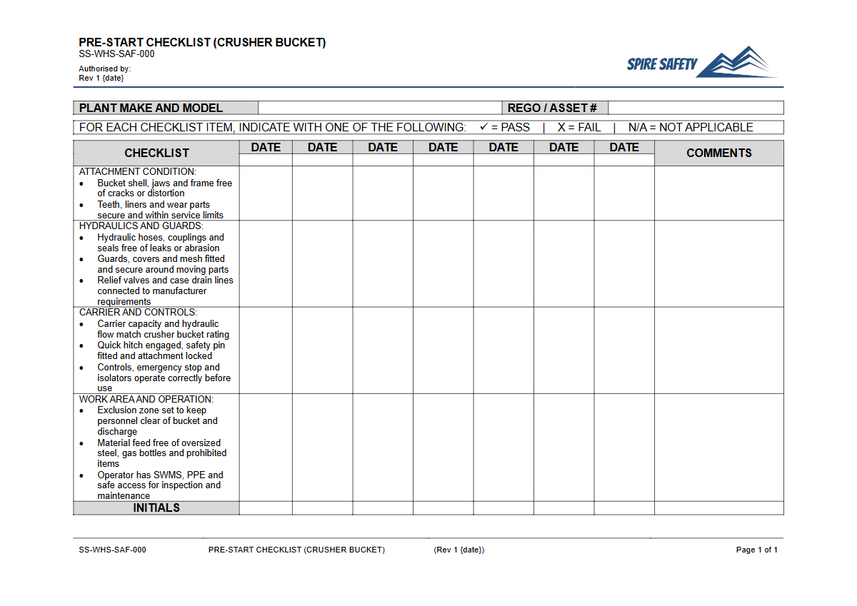 Free Pre-Start Checklist (Crusher Bucket) Template — document preview