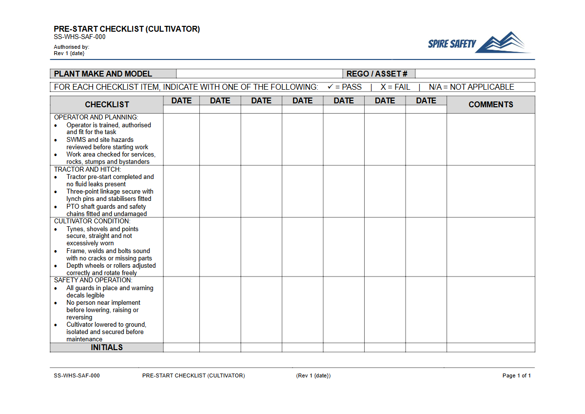 Free Pre-Start Checklist (Cultivator) Template — document preview