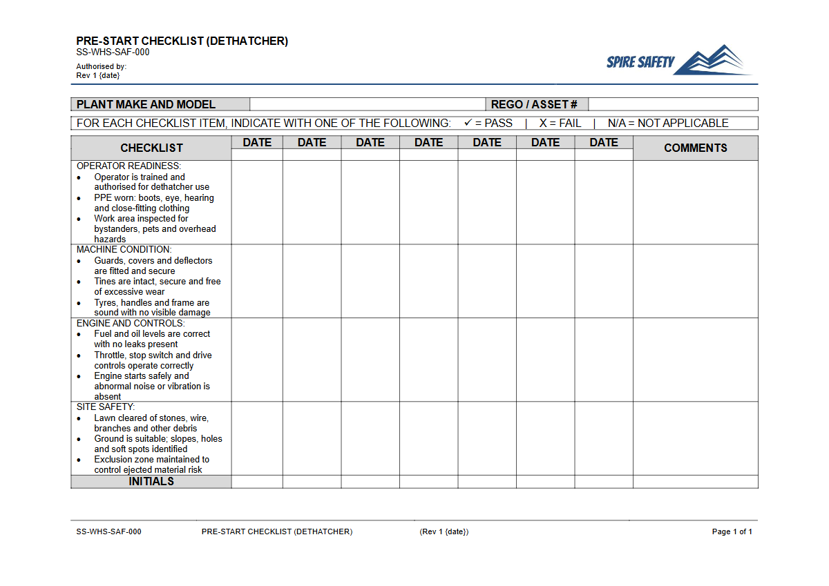 Free Pre-Start Checklist (Dethatcher) Template — document preview