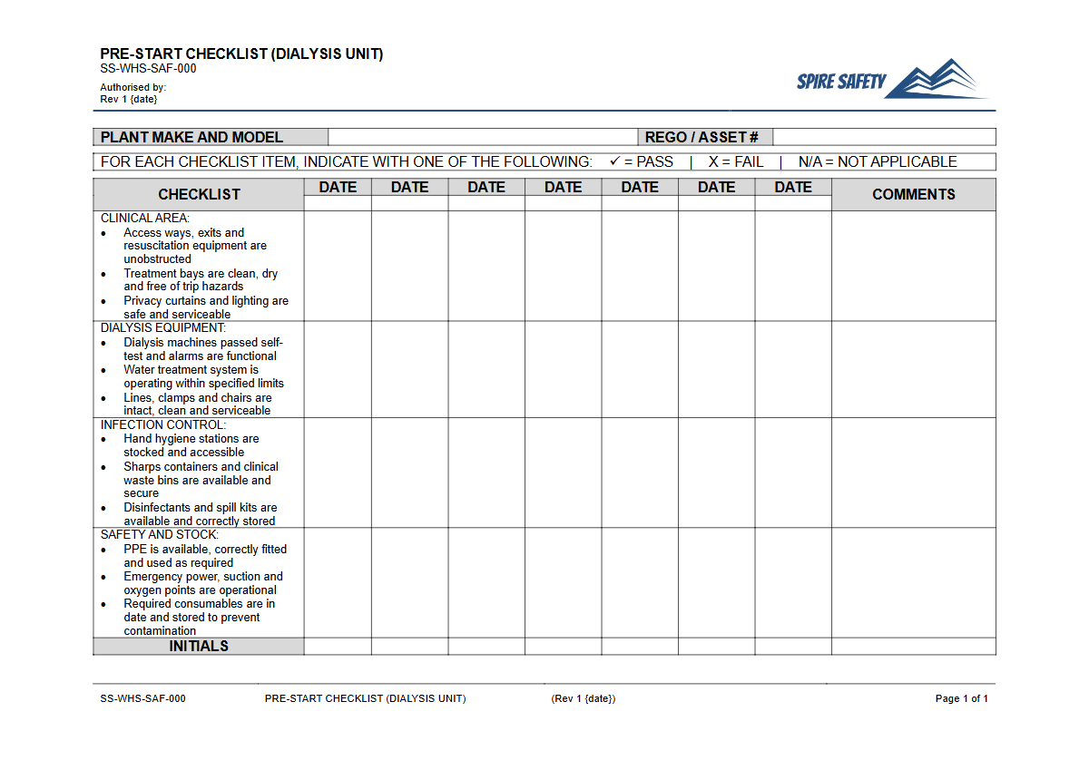 Free Pre-Start Checklist (Dialysis Unit) Template — document preview
