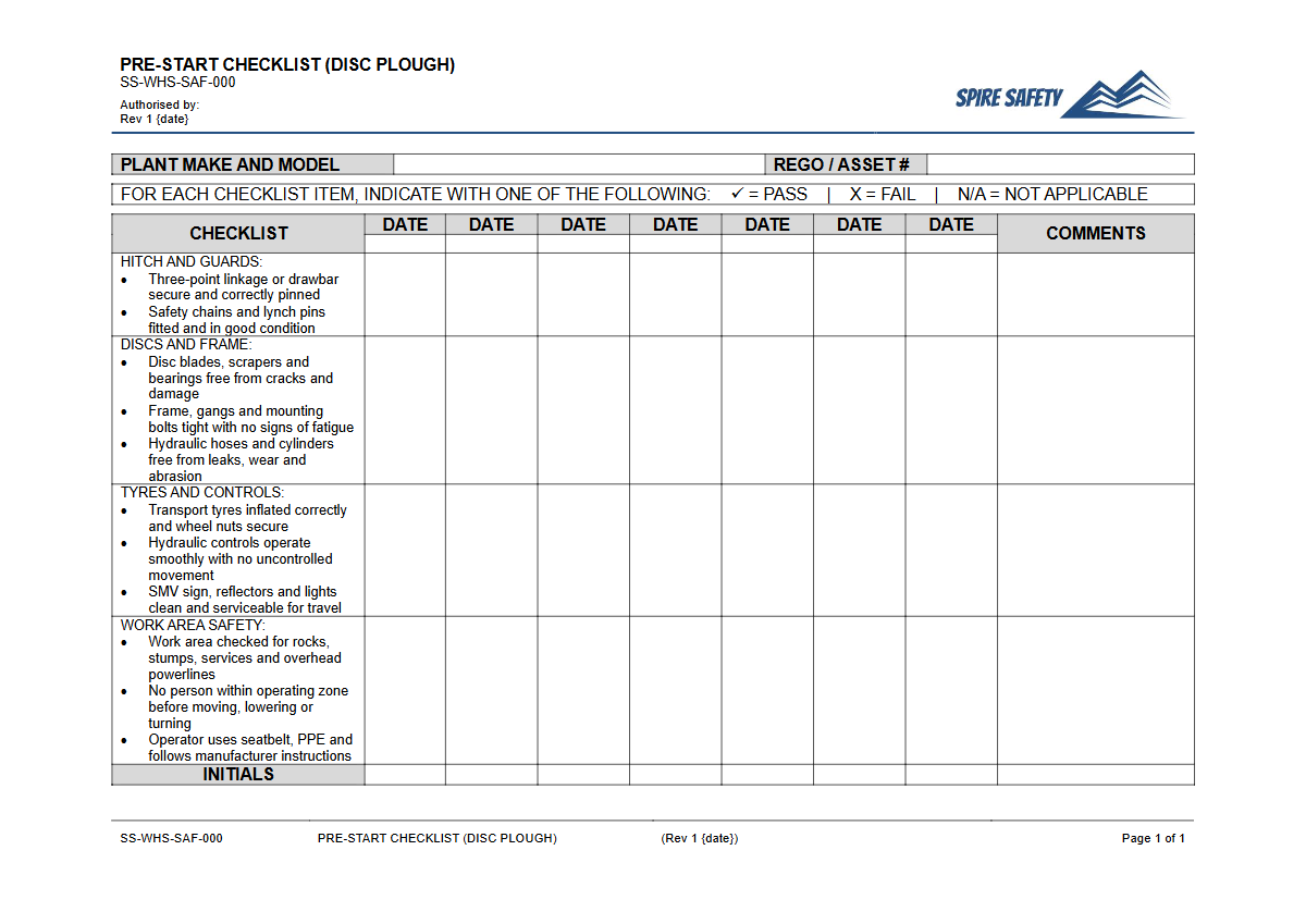 Free Pre-Start Checklist (Disc Plough) Template — document preview