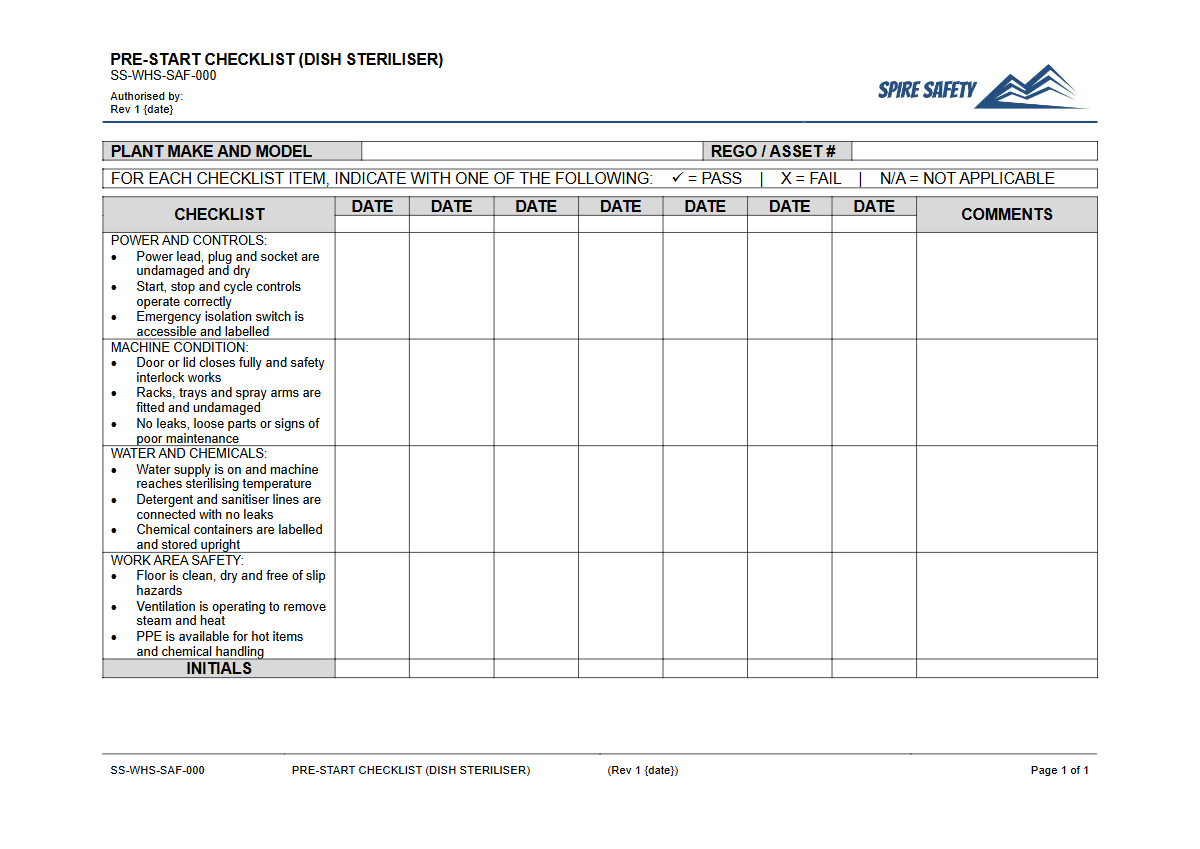 Free Pre-Start Checklist (Dish Steriliser) Template — document preview