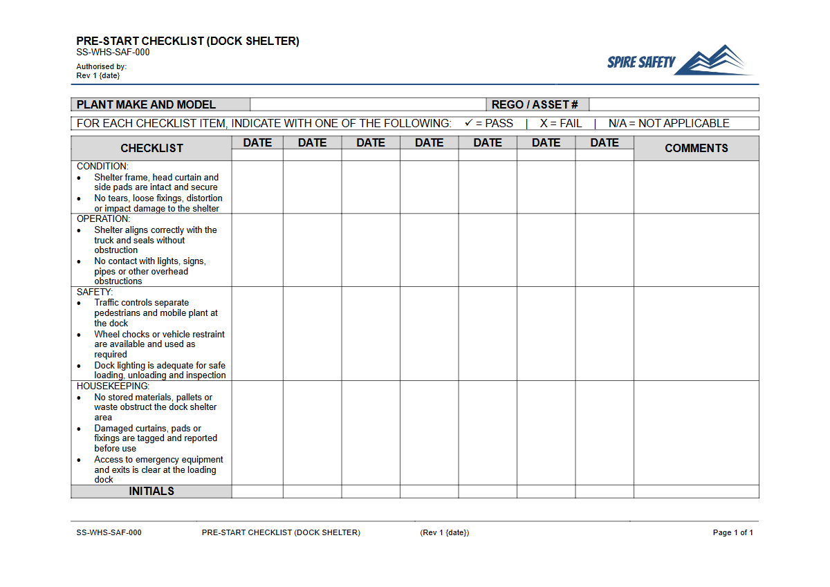 Free Pre-Start Checklist (Dock Shelter) Template — document preview