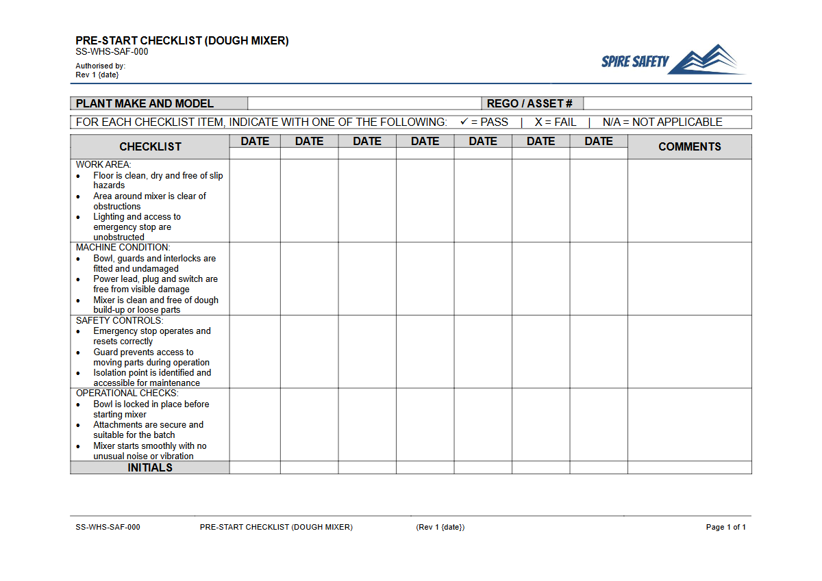 Free Pre-Start Checklist (Dough Mixer) Template — document preview