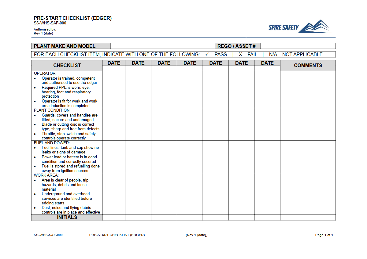 Free Pre-Start Checklist (Edger) Template — document preview