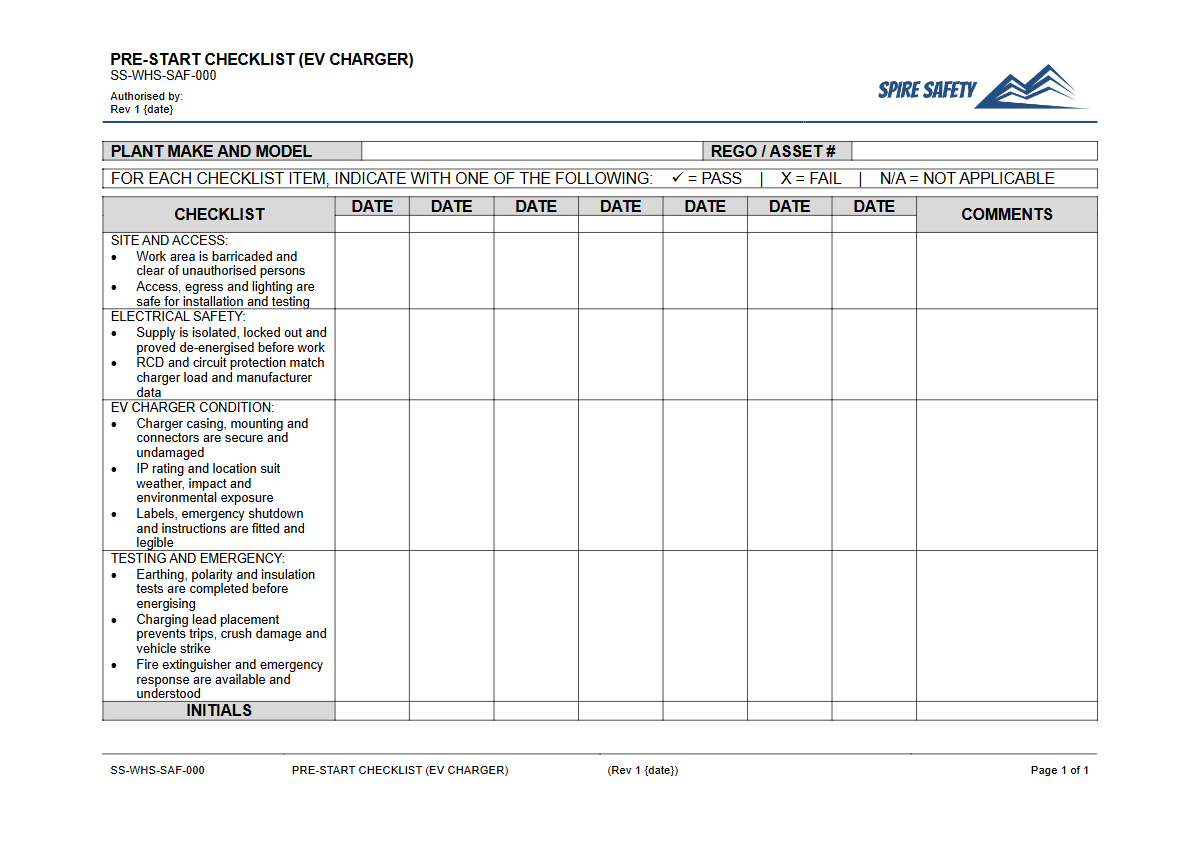 Free Pre-Start Checklist (EV Charger) Template — document preview