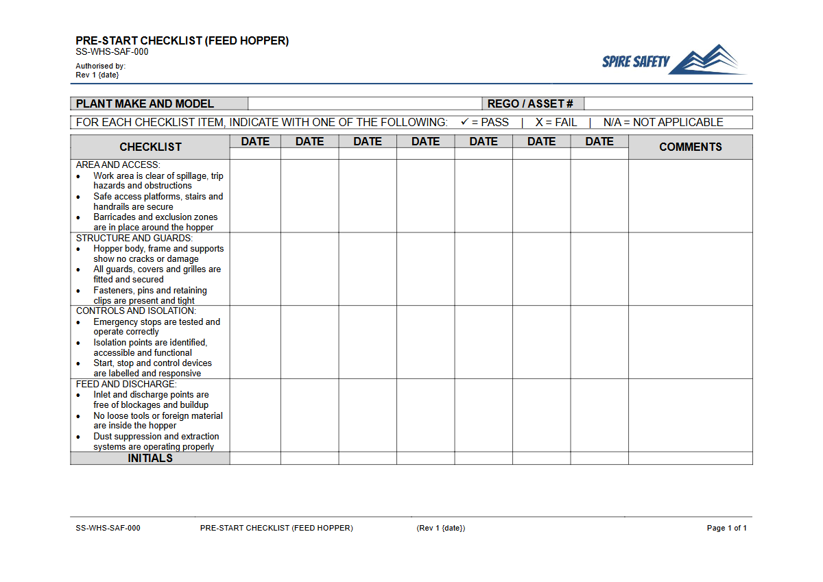 Free Pre-Start Checklist (Feed Hopper) Template — document preview