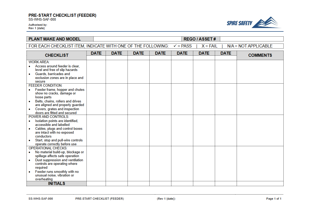 Free Pre-Start Checklist (Feeder) Template — document preview