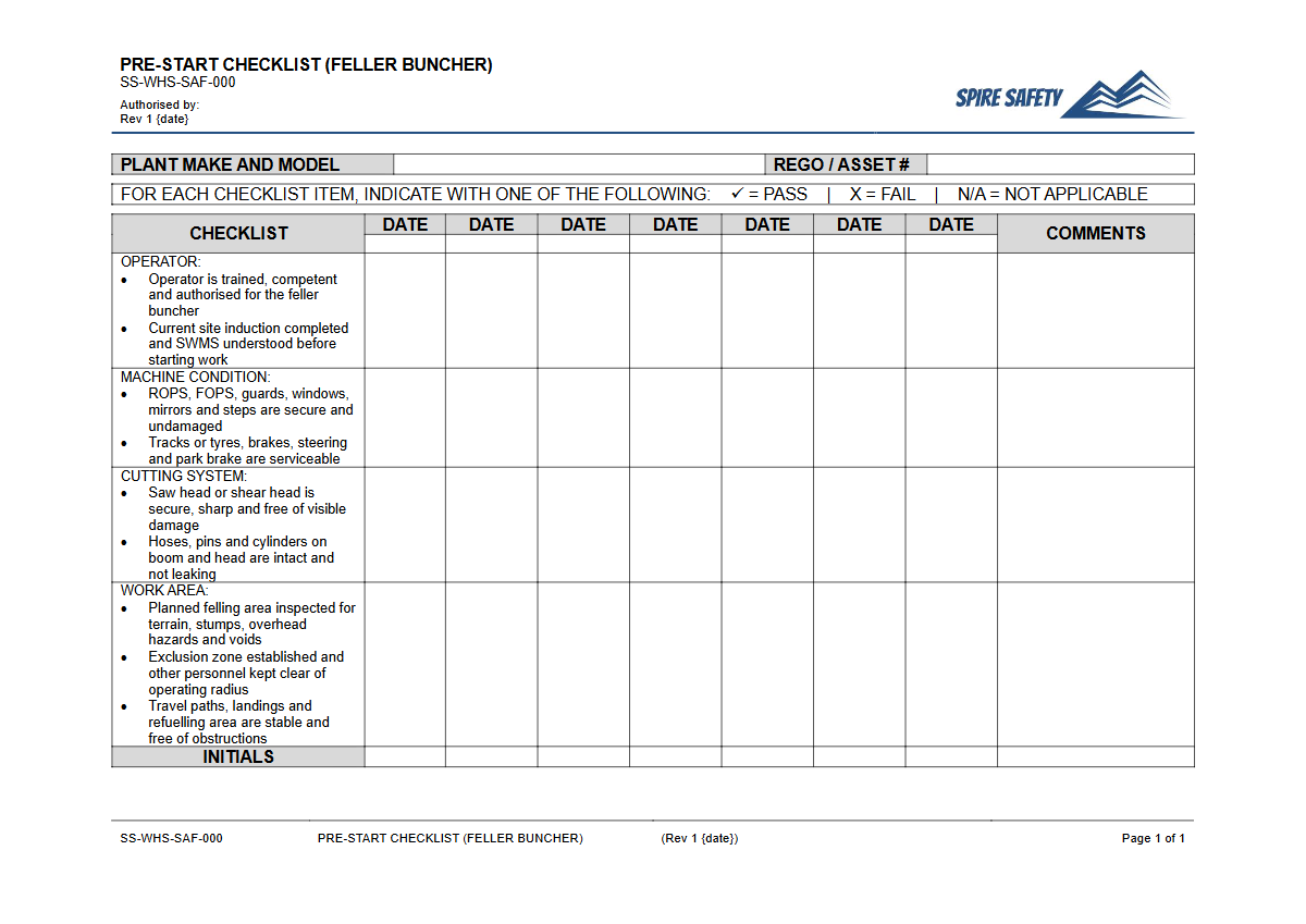 Free Pre-Start Checklist (Feller Buncher) Template — document preview