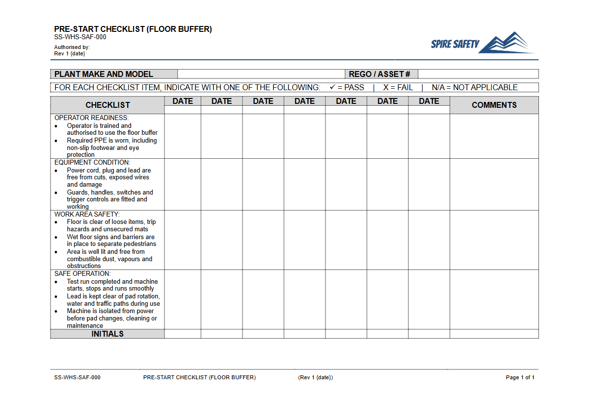 Free Pre-Start Checklist (Floor Buffer) Template — document preview
