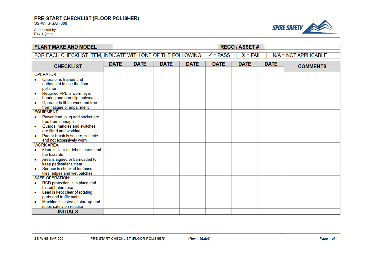 Free Pre-Start Checklist (Floor Polisher) Template — document preview