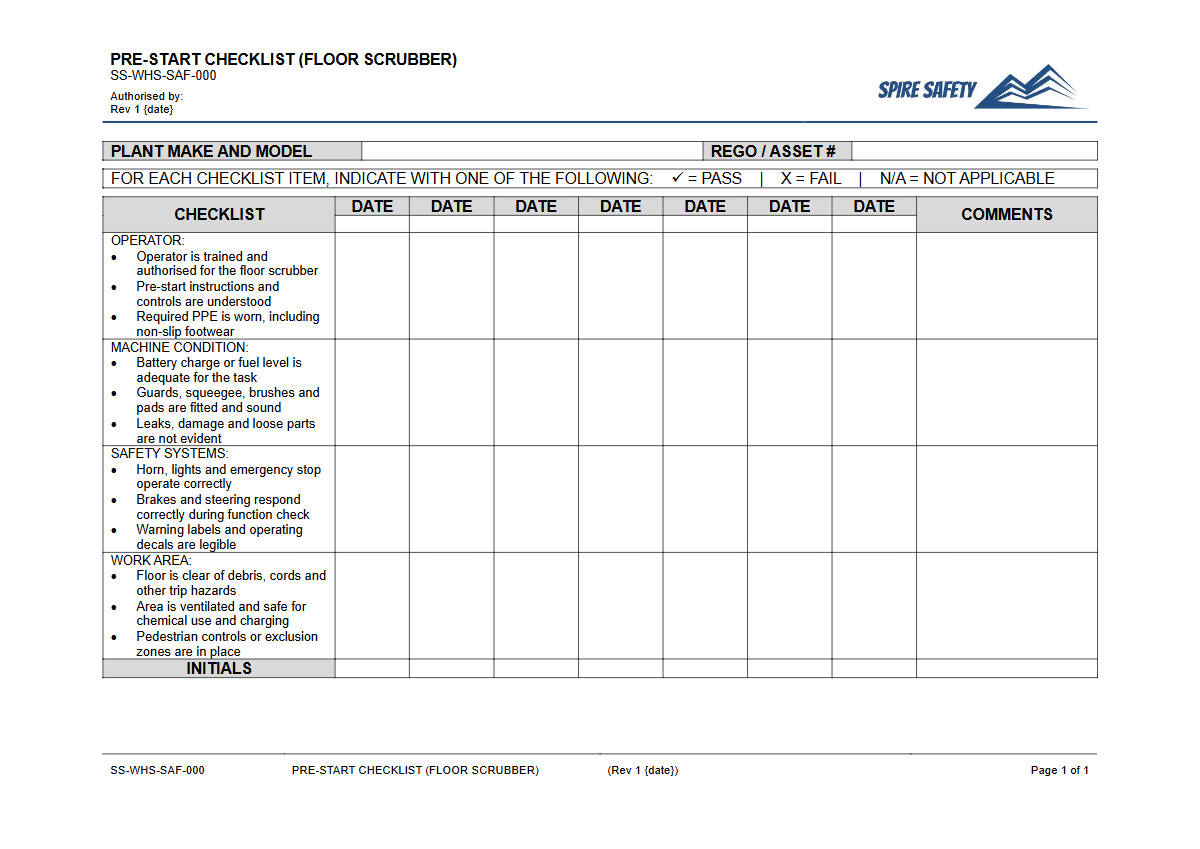 Free Pre-Start Checklist (Floor Scrubber) Template — document preview