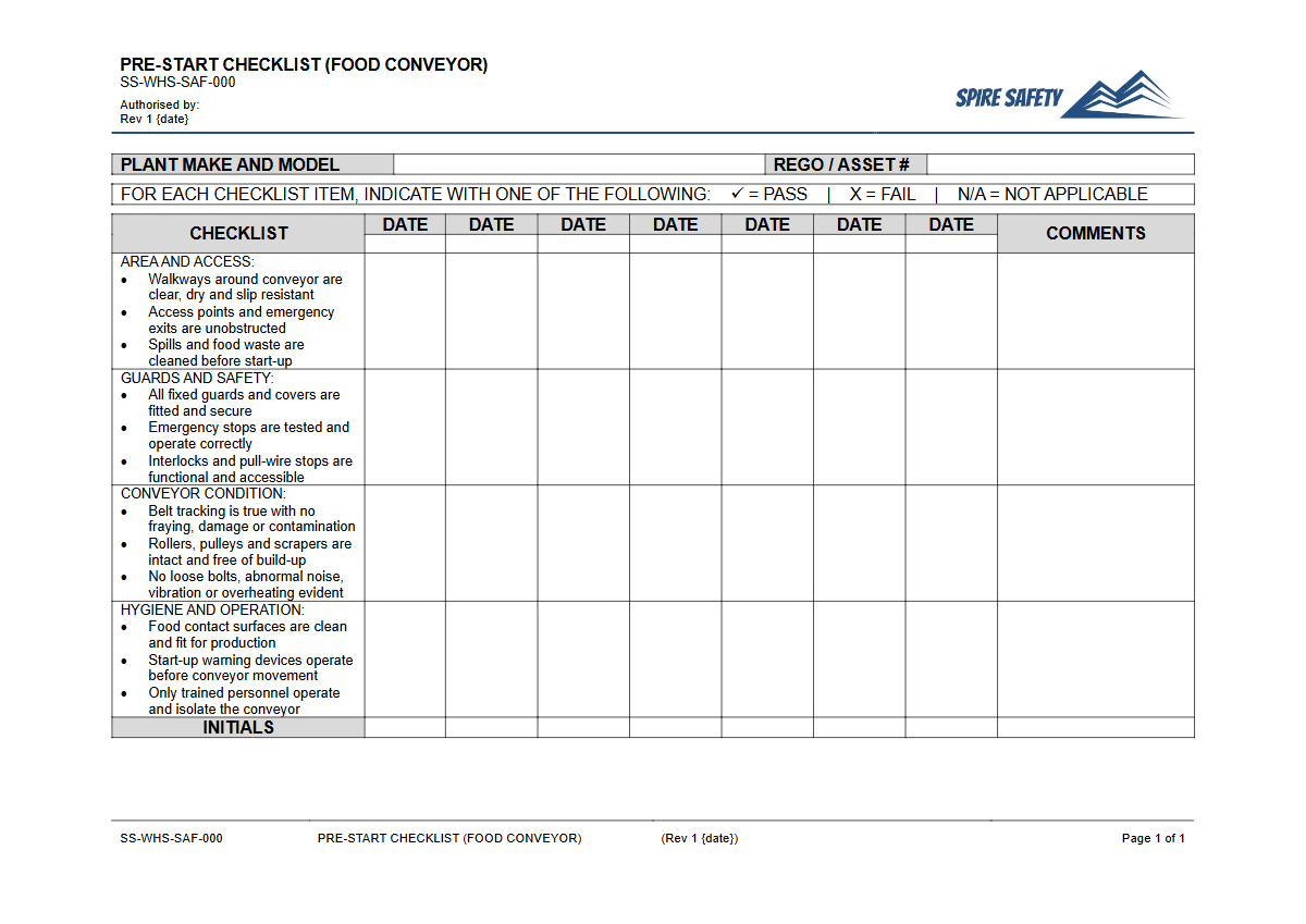 Free Pre-Start Checklist (Food Conveyor) Template — document preview