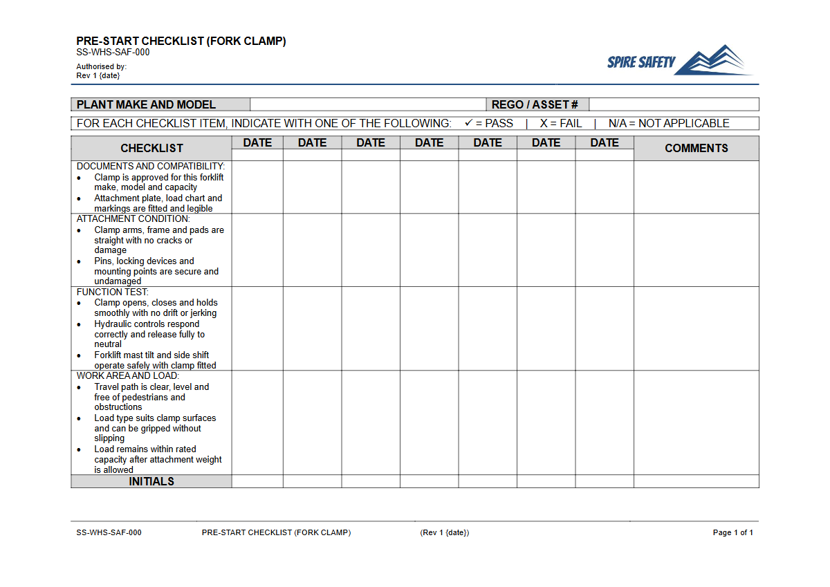 Free Pre-Start Checklist (Fork Clamp) Template — document preview