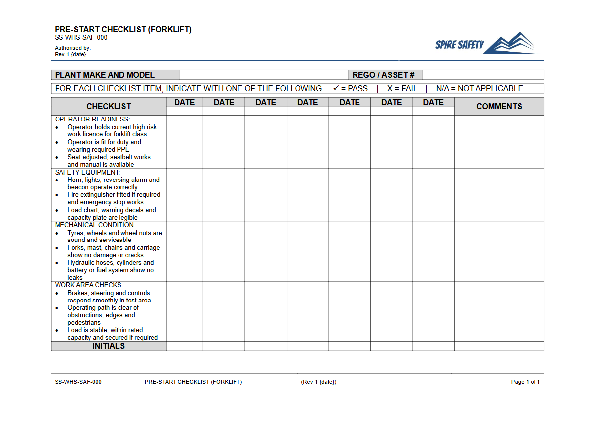 Free Pre-Start Checklist (Forklift) Template — document preview
