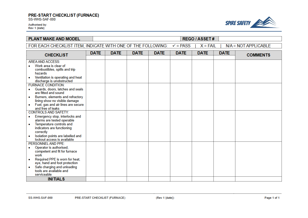 Free Pre-Start Checklist (Furnace) Template — document preview