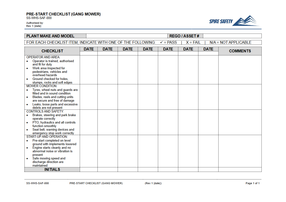 Free Pre-Start Checklist (Gang Mower) Template — document preview
