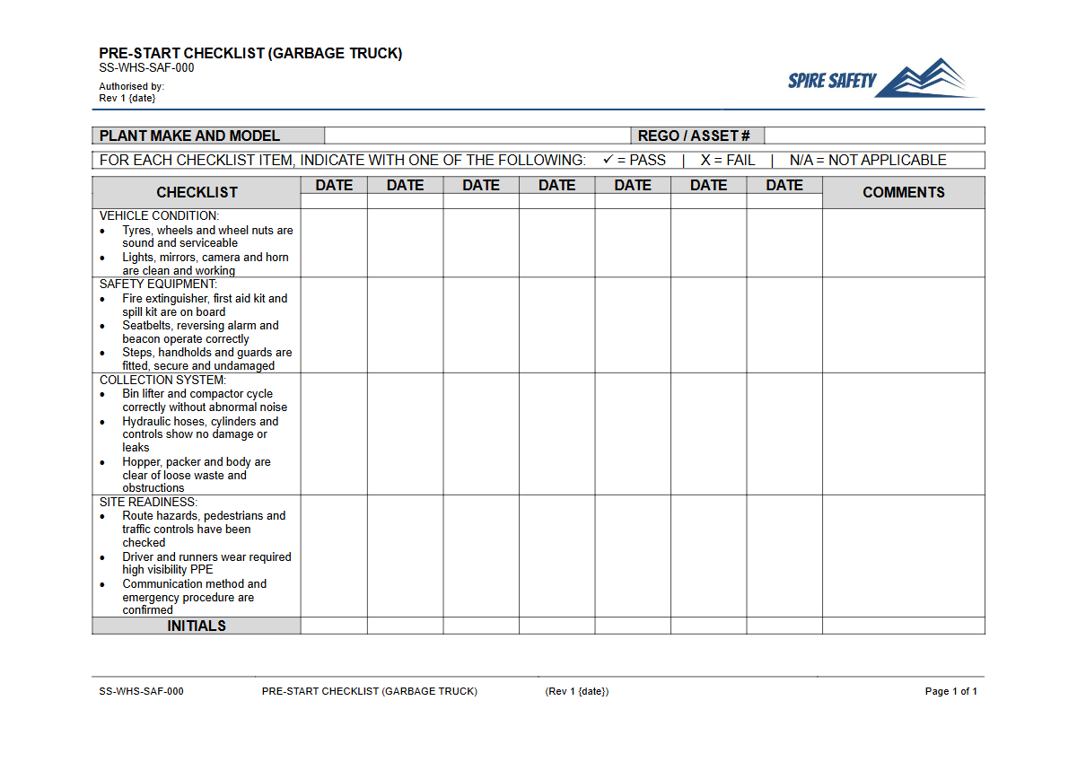 Free Pre-Start Checklist (Garbage Truck) Template — document preview