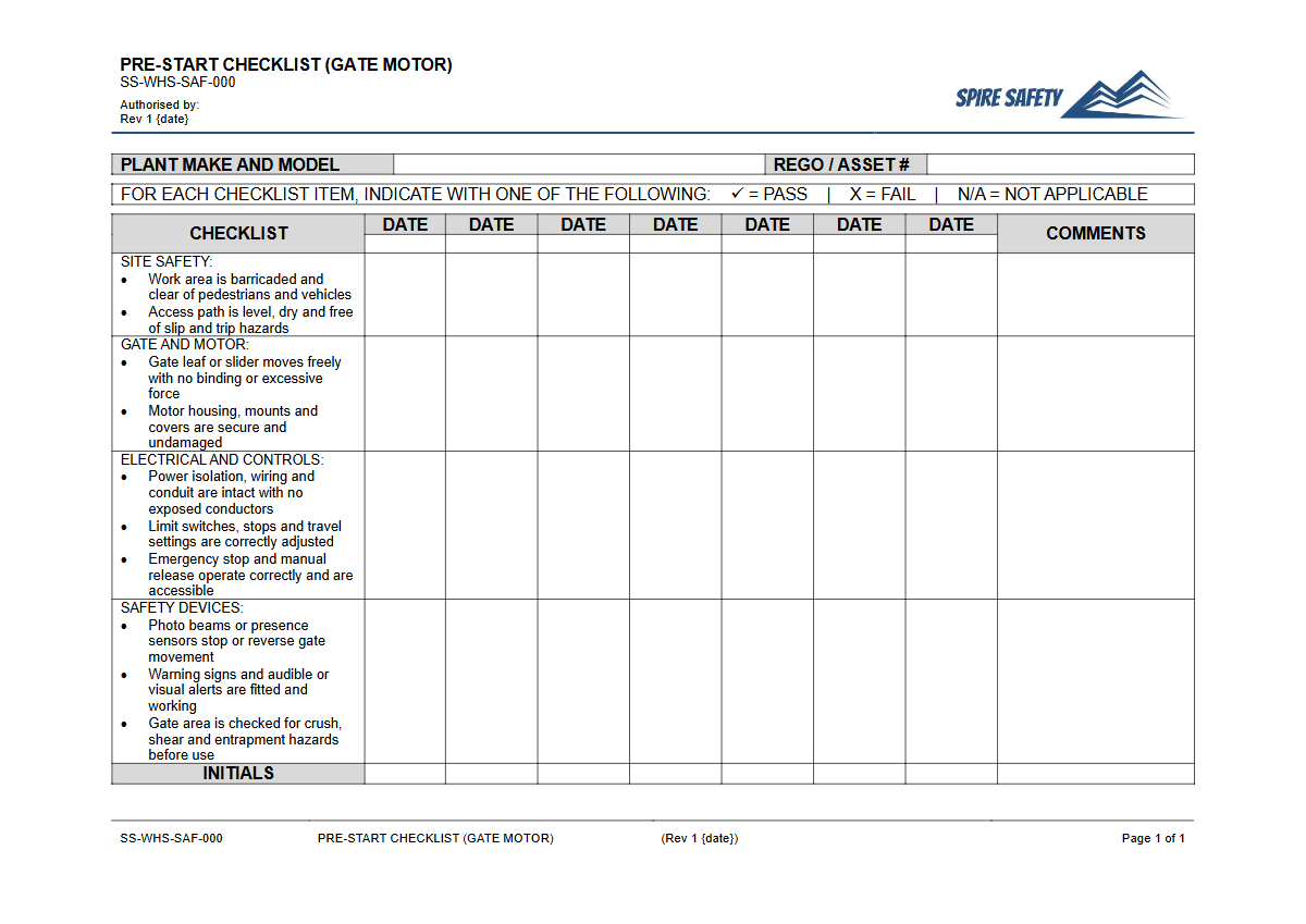 Free Pre-Start Checklist (Gate Motor) Template — document preview