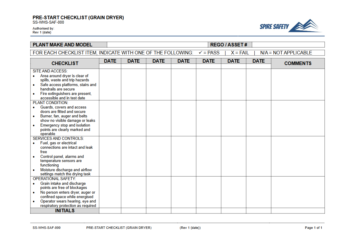 Free Pre-Start Checklist (Grain Dryer) Template — document preview