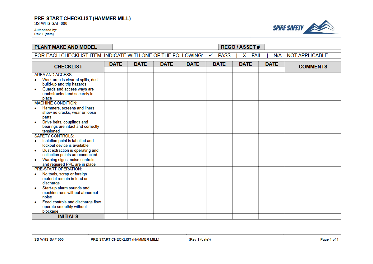 Free Pre-Start Checklist (Hammer Mill) Template — document preview