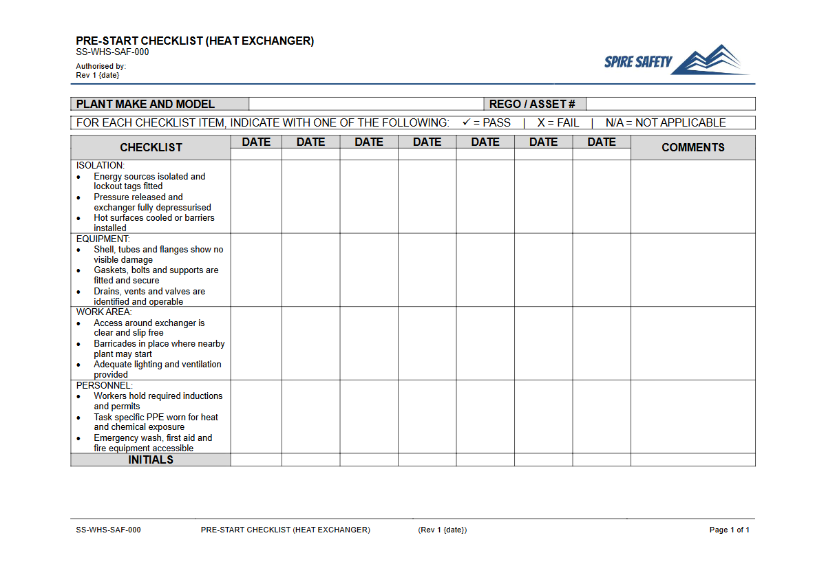 Free Pre-Start Checklist (Heat Exchanger) Template — document preview