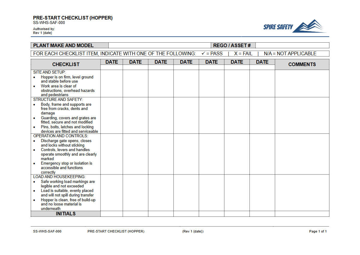 Free Pre-Start Checklist (Hopper) Template — document preview