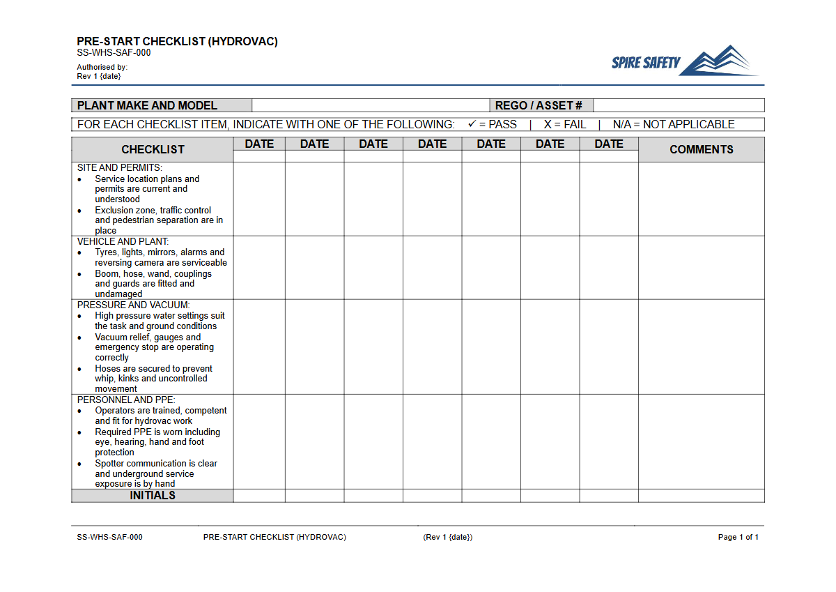 Free Pre-Start Checklist (Hydrovac) Template — document preview