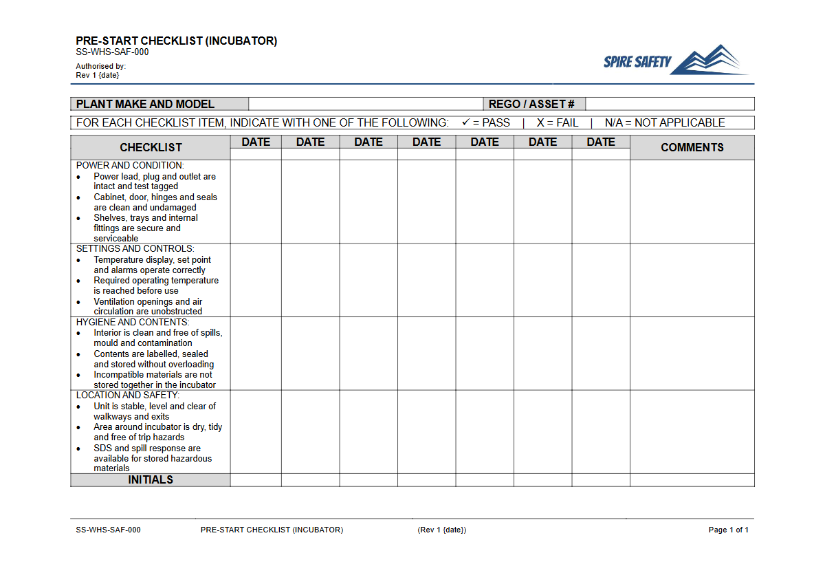 Free Pre-Start Checklist (Incubator) Template — document preview