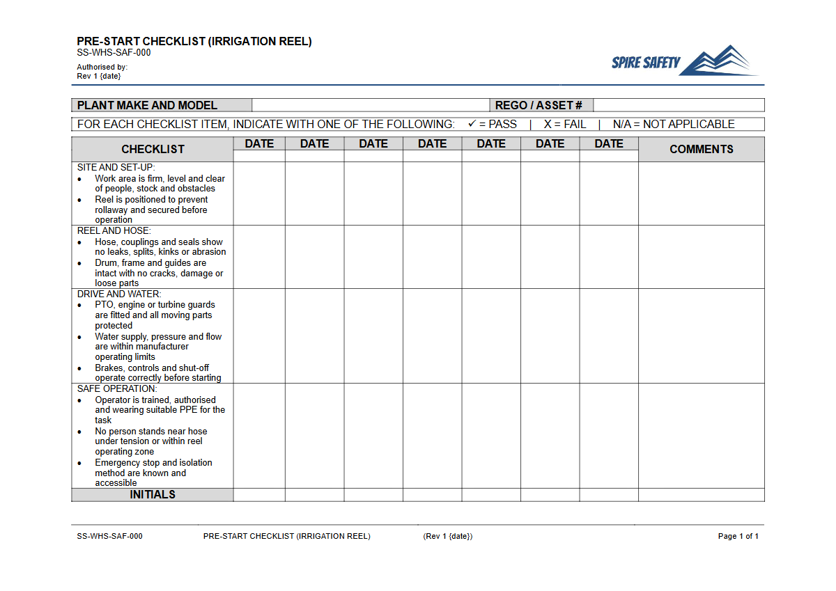 Free Pre-Start Checklist (Irrigation Reel) Template — document preview