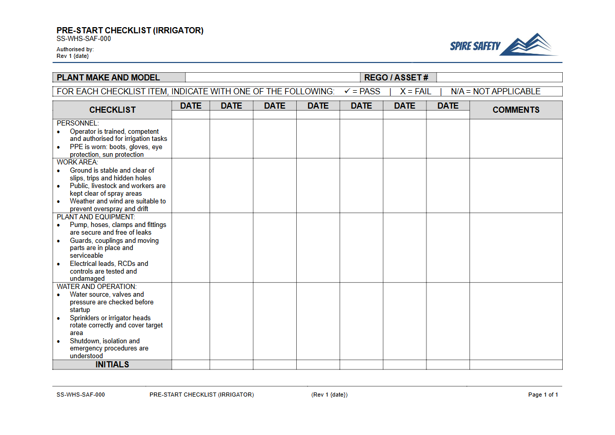 Free Pre-Start Checklist (Irrigator) Template — document preview
