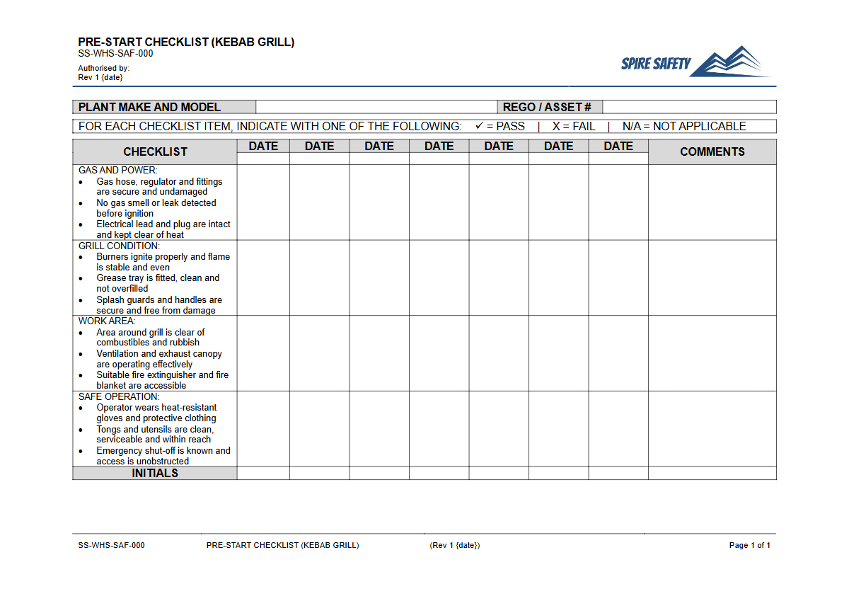 Free Pre-Start Checklist (Kebab Grill) Template — document preview