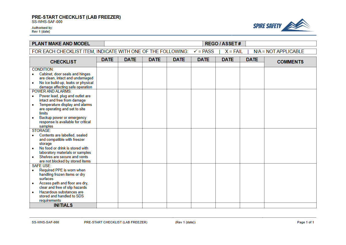 Free Pre-Start Checklist (Lab Freezer) Template — document preview