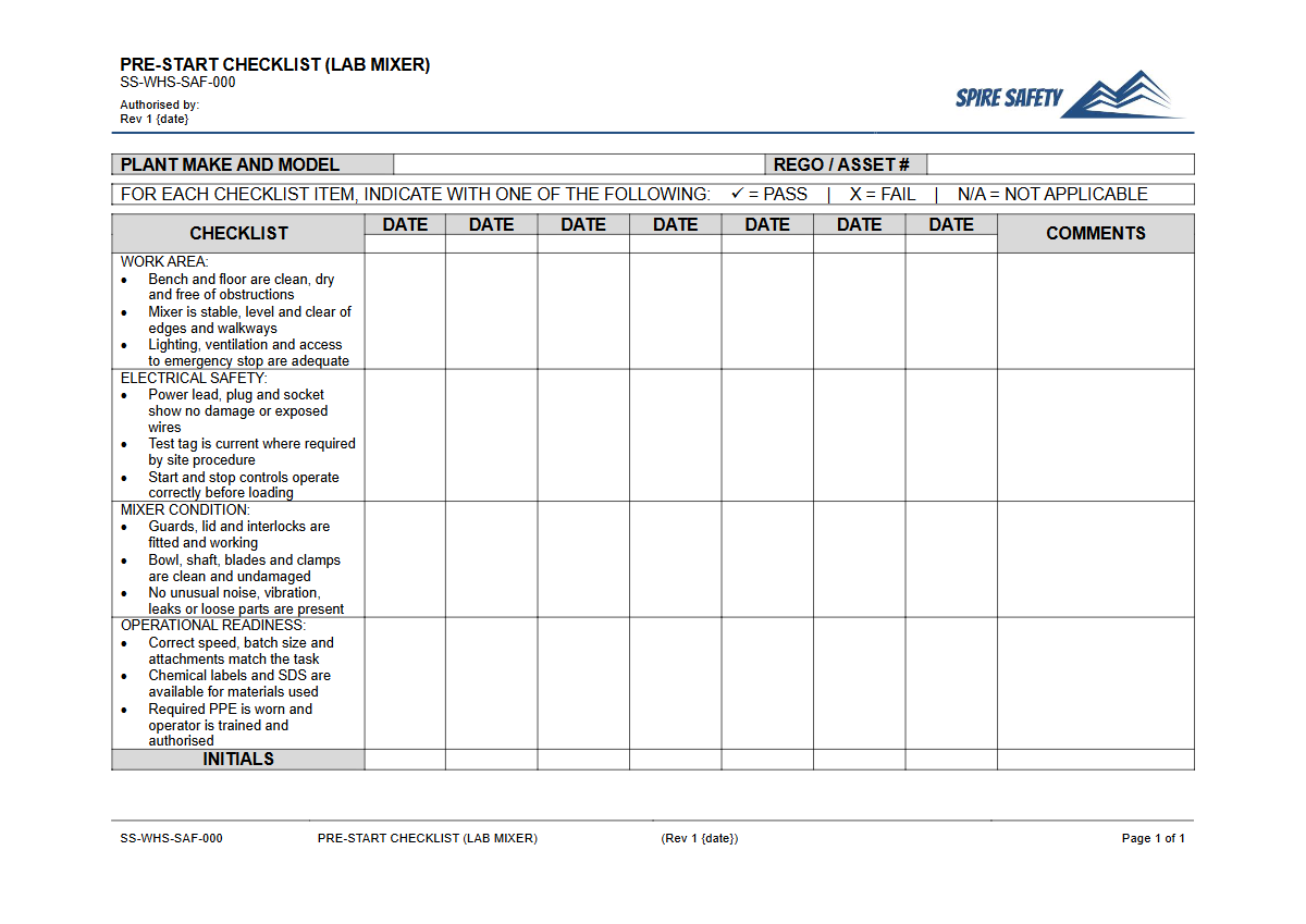 Free Pre-Start Checklist (Lab Mixer) Template — document preview