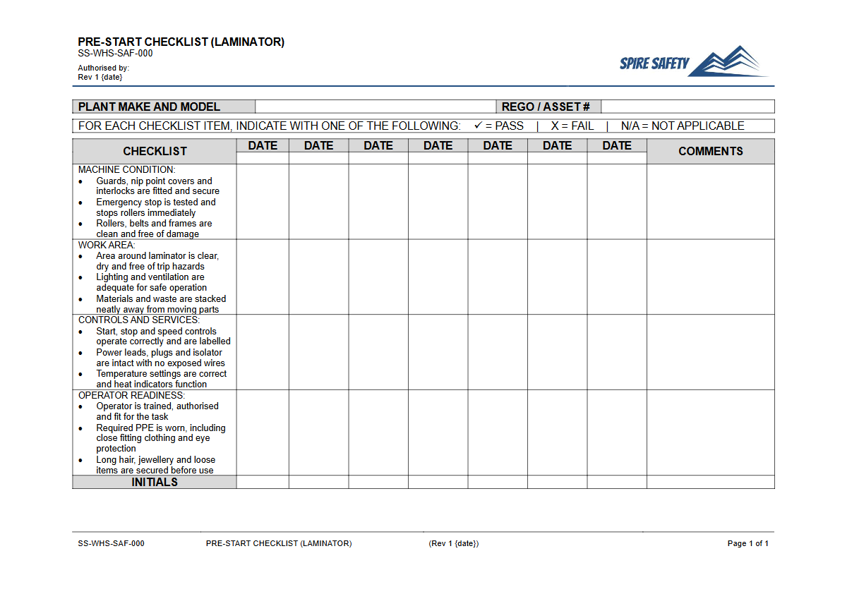 Free Pre-Start Checklist (Laminator) Template — document preview