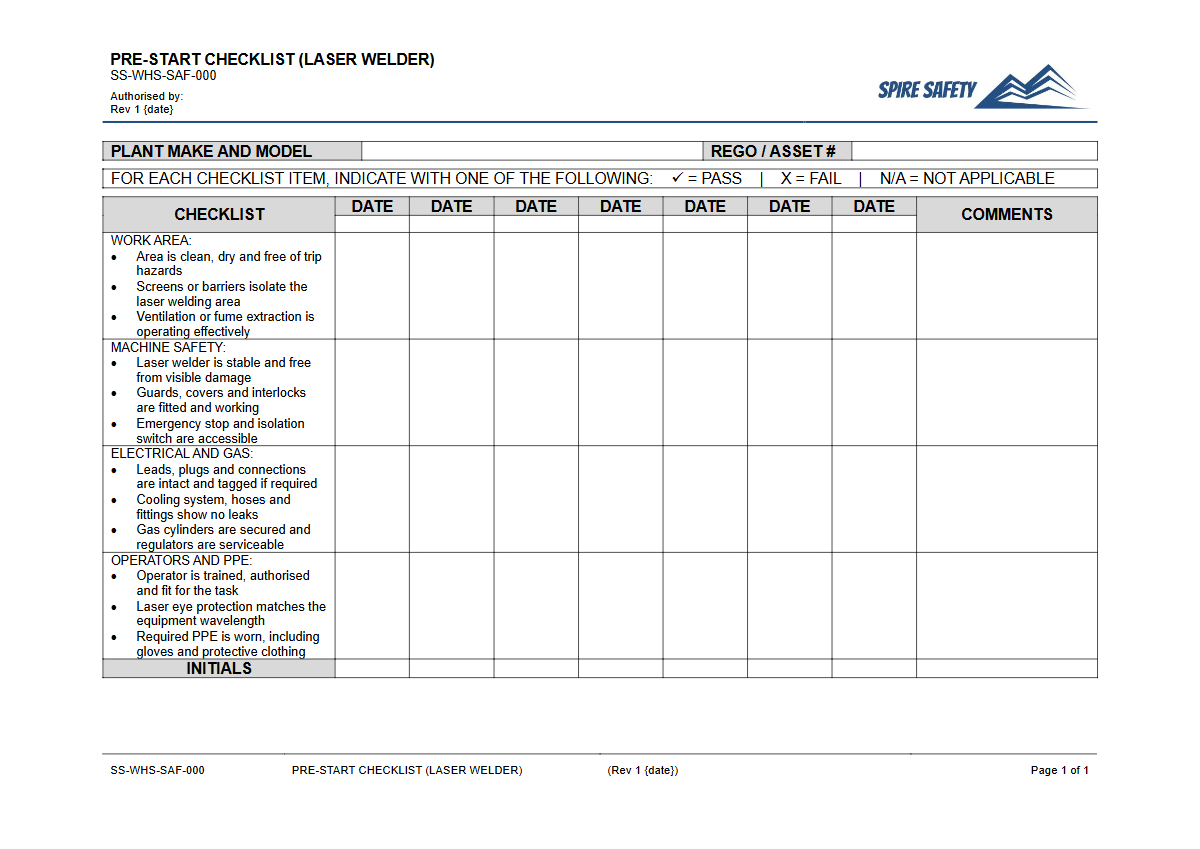 Free Pre-Start Checklist (Laser Welder) Template — document preview