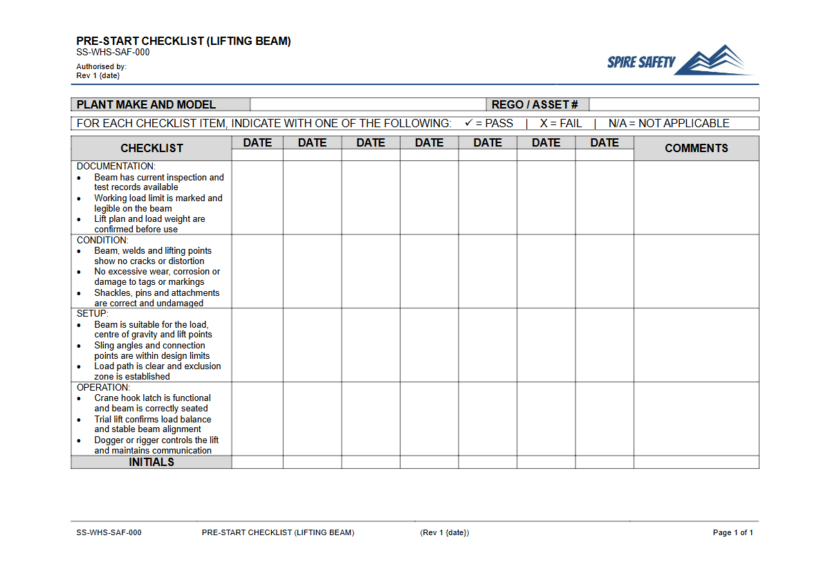 Free Pre-Start Checklist (Lifting Beam) Template — document preview