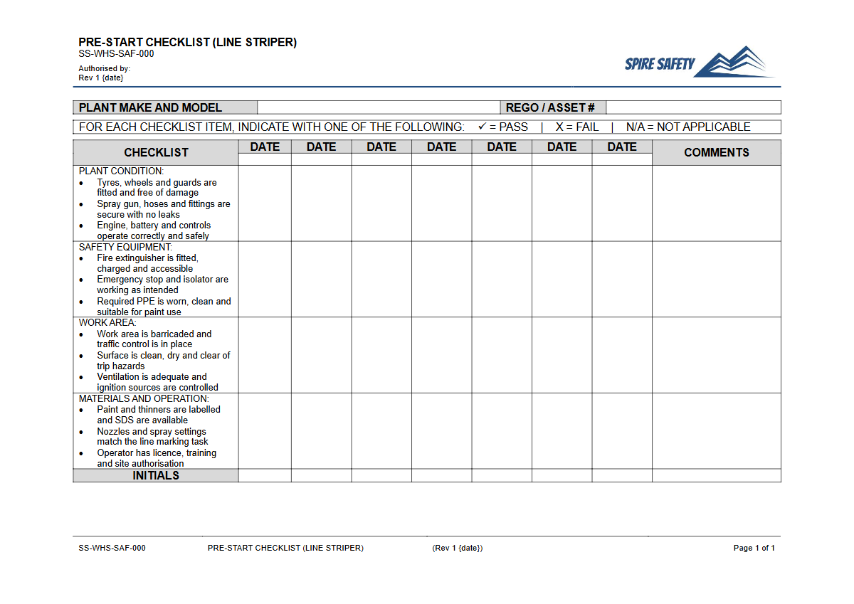 Free Pre-Start Checklist (Line Striper) Template — document preview
