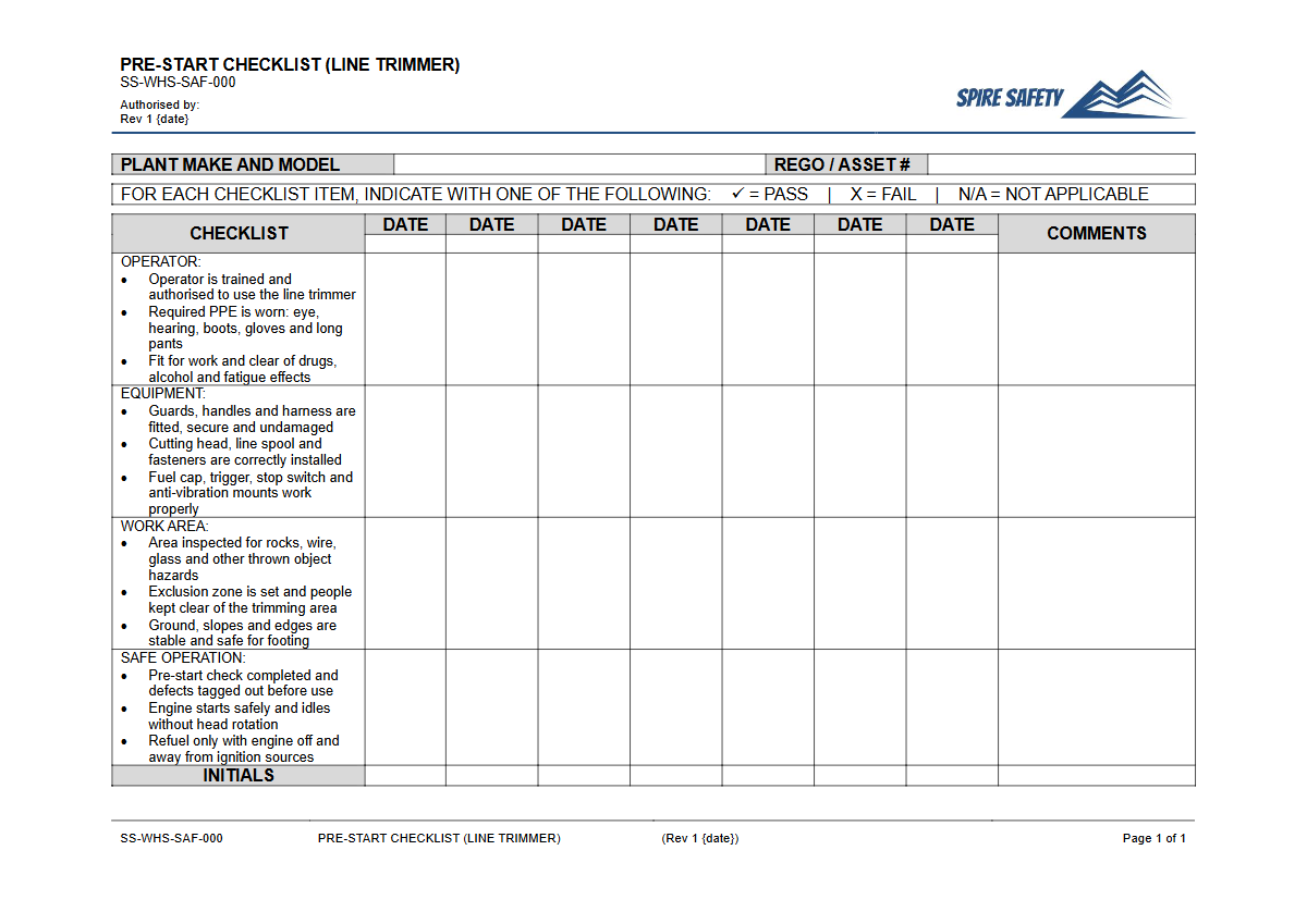 Free Pre-Start Checklist (Line Trimmer) Template — document preview