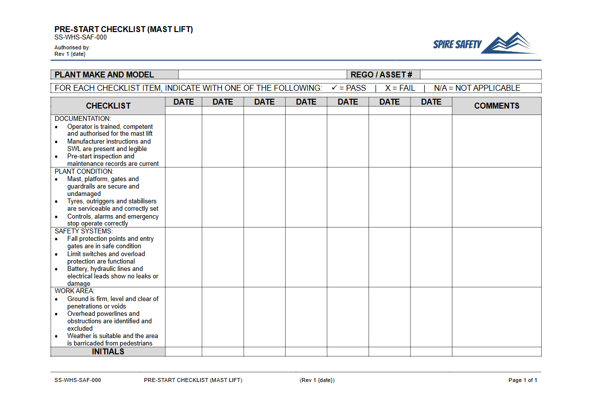 Free Pre-Start Checklist (Mast Lift) Template — document preview