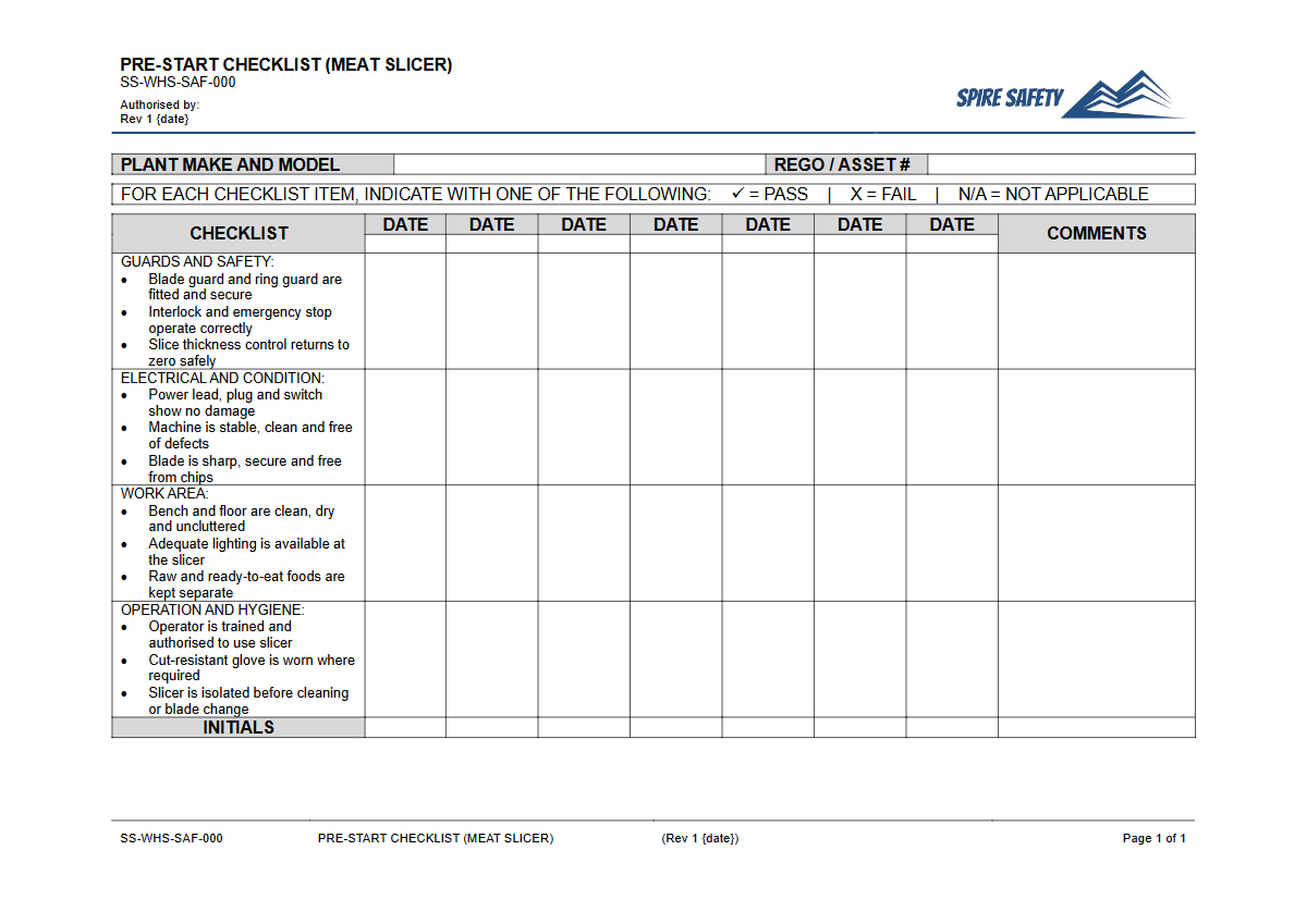 Free Pre-Start Checklist (Meat Slicer) Template — document preview